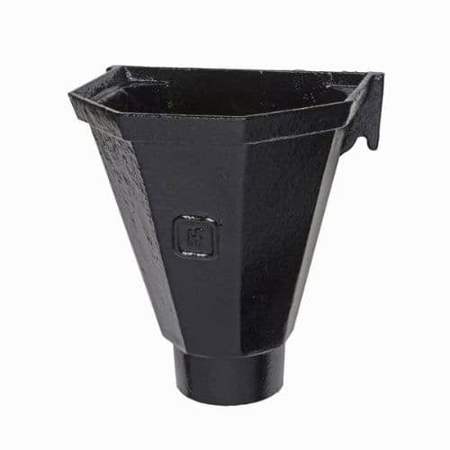 Cast Iron Round Downpipe Standard Hopper Head H0 Flat Back Outlet - 100mm Black